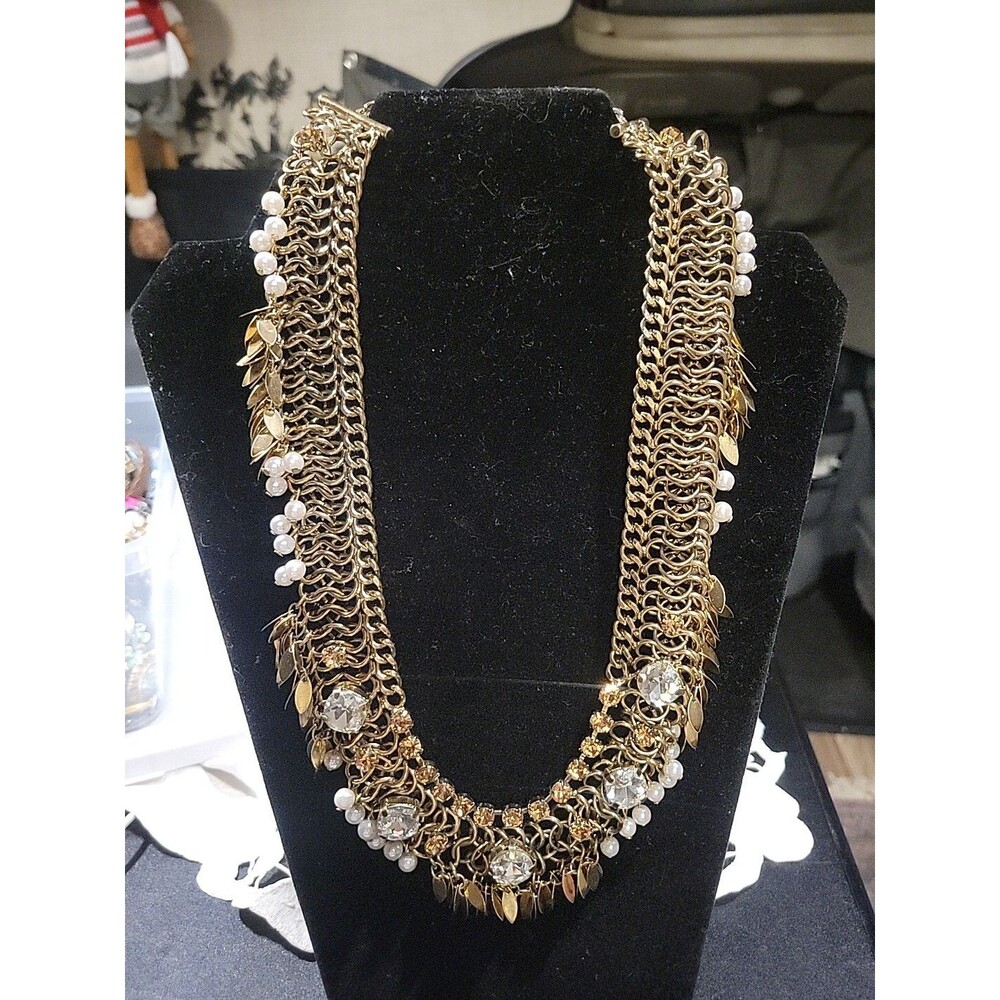 Vintage Talbots Goldtone Amber Clear Rhinestone Pearl Statement Necklace Dangle